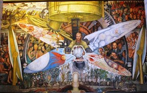 Pintura colorida com um homem no centro com espécie de quatro asas e rostos de pessoas ao redor
