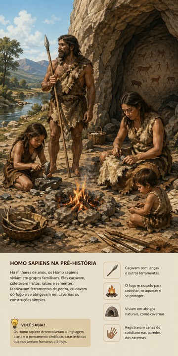 Ilustra&ccedil;&atilde;o de uma fam&iacute;lia de Homo-Sapiens na Pr&eacute;-Hist&oacute;ria