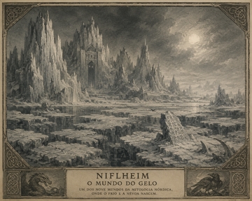Ilustra&ccedil;&atilde;o (gerada via IA) representando Niflheim na Mitologia N&oacute;rdica, com montanhas, neve e n&eacute;voa.