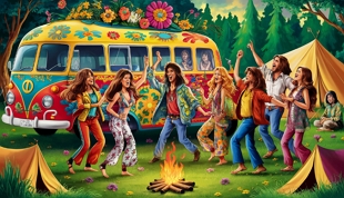 Ilustra&ccedil;&atilde;o representando um acampamento hippie dos anos 1960