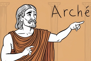 Ilustra&ccedil;&atilde;o do fil&oacute;sofo Anax&iacute;menes apontando para o ar onde est&aacute; escrito Arch&eacute;