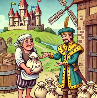 Ilustra&ccedil;&atilde;o mostrando um servo e um senhor feudal na Idade M&eacute;dia. O servo est&aacute; entregando um saco de farinha para o senhor feudal.