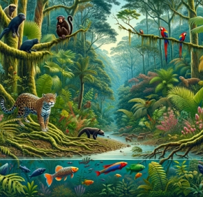 Ilustra&ccedil;&atilde;o mostrando uma floresta tropical com grande quantidade de esp&eacute;cies animais