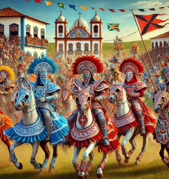 Ilustra&ccedil;&atilde;o representando uma cavalhada