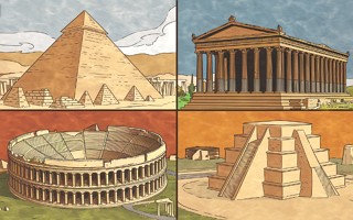 Ilustra&ccedil;&atilde;o com imagens de quatro ilustra&ccedil;&otilde;es representando povos da Antiguidade.