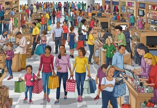 Ilustra&ccedil;&atilde;o mostrando pessoas fazendo compras numa loja