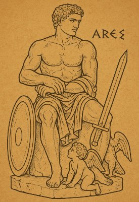 Ilustra&ccedil;&atilde;o representando o deus grego Ares com espada e escudo