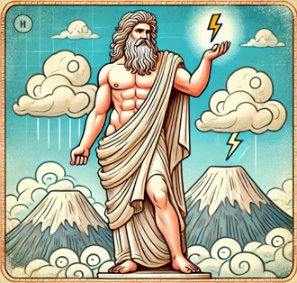 Ilustra&ccedil;&atilde;o representando o deus Grego Zeus, no topo de uma montanha, com um raio na m&atilde;o.