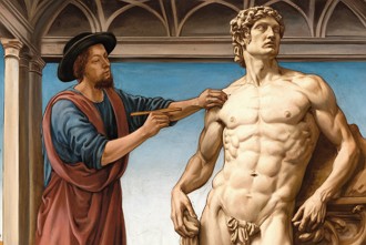 Ilustra&ccedil;&atilde;o mostrando um escultor do Renascimento fazendo uma obra de corpo humano masculino.