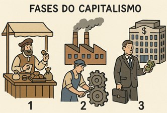 Ilustra&ccedil;&atilde;o did&aacute;tica representando as tr&ecirc;s principais fases do capitalismo