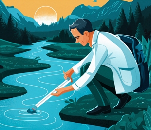 Ilustra&ccedil;&atilde;o de um hidr&oacute;logo fazendo coleta de &aacute;gua em um rio para an&aacute;lise