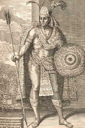 Ilustração do imperador asteca Montezuma com escudo e flecha na mão