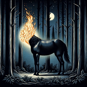 Ilustra&ccedil;&atilde;o mostrando uma mula de cor preta, se a cabe&ccedil;a, com fogo no lugar da cabe&ccedil;a, num dia a noite na floresta com lua cheia