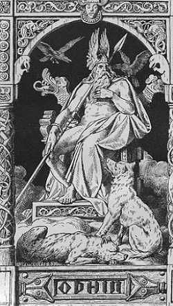 Ilustra&ccedil;&atilde;o mostrando o deus Odin sentado num trono e com uma lan&ccedil;a na m&atilde;o