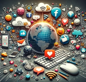 Ilustra&ccedil;&atilde;o com diversos s&iacute;mbolos da Internet