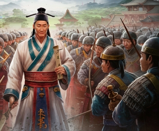 Ilustração de Sun Tzu ao lado de guerreiros