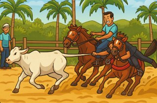 Ilustra&ccedil;&atilde;o (desenho) mostrando dois vaqueiros capturando um boi branco