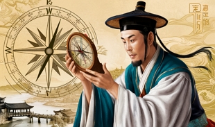 Ilustração mostrando um chinês da China Antiga segurando uma bússola