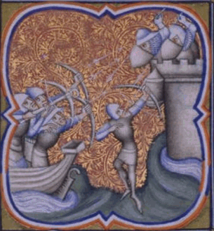 Pintura mostrando uma guerra medieval com guerreiros atirando flexas