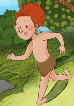 Desenho mostrando o curupira, menino de cabelo vermelho com pés voltados para trás