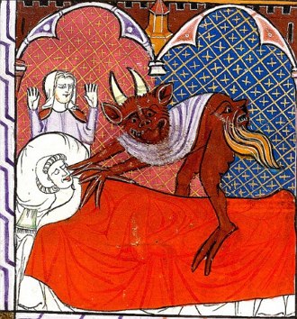 Ilustra&ccedil;&atilde;o medieval mostrando o diabo sobre uma pessoa que est&aacute; na cama