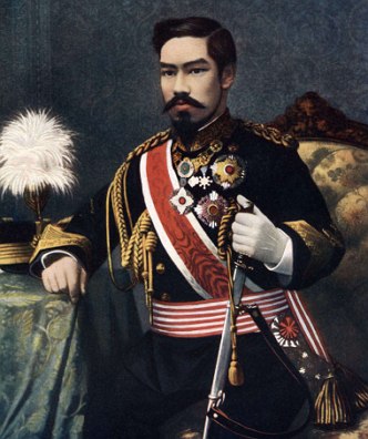 Retrato pintado do Imperador Meiji do Jap&atilde;o com trajes militares