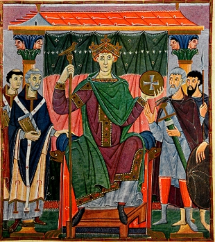 Pintura medieval mostrando o imperador Oto III cercado por pr&iacute;ncipes e bispos.