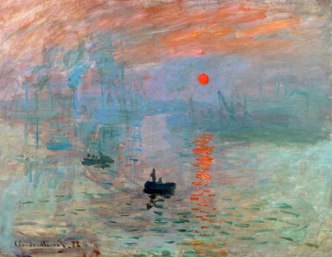 Pintura de Monet mostrando um barco pequeno, com duas pessoas, com o nascer do sol ao fundo