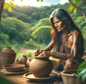 Ilustra&ccedil;&atilde;o de uma ind&iacute;gena fazendo um pote de cer&acirc;mica