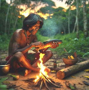 Ilustra&ccedil;&atilde;o de um ind&iacute;gena comendo peixe perto de uma fogueira