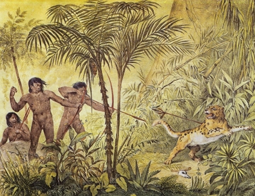 Pintura de ind&iacute;genas ca&ccedil;ando uma on&ccedil;a