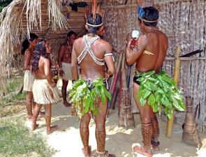 Indios brasileiros pr&oacute;ximos a uma oca