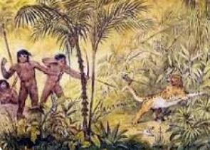 Pintura de ind&iacute;genas ca&ccedil;ando uma on&ccedil;a