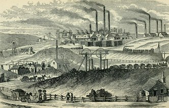 Ilustra&ccedil;&atilde;o antiga mostrando f&aacute;bricas inglesas