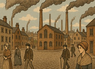 Ilustra&ccedil;&atilde;o mostrando uma cidade inglesa do s&eacute;culo XVIII com f&aacute;bricas e casas