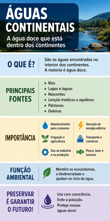 Infogr&aacute;fico com informa&ccedil;&otilde;es sobre as &aacute;guas continentais.