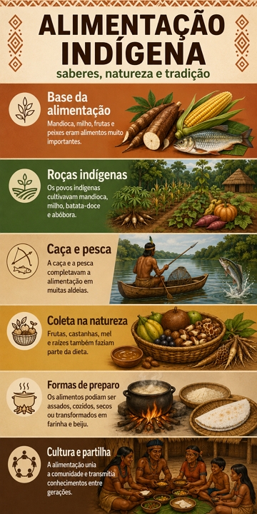 Infogr&aacute;fico sobre a alimenta&ccedil;&atilde;o ind&iacute;gena brasileira