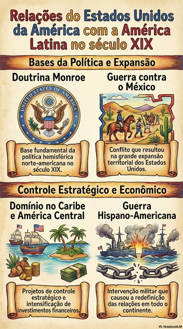 Infogr&aacute;fico sobre as rela&ccedil;&otilde;es entre EUA e a Am&eacute;rica Latina no s&eacute;culo XIX