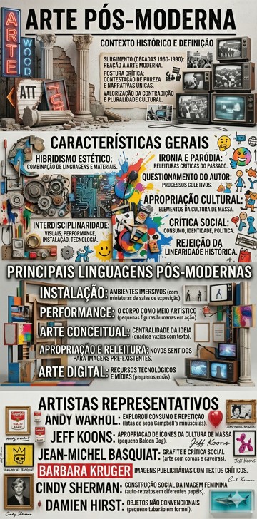 Infogr&aacute;fico com as caracter&iacute;sticas, movimentos e representantes da Arte P&oacute;s-Moderna