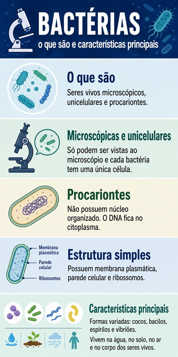 Infogr&aacute;fico com as principais caracter&iacute;sticas das bact&eacute;rias