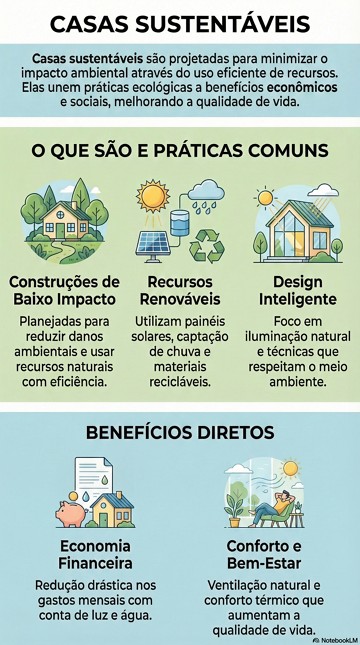 Infograf&iacute;co explicando o que s&atilde;o casas sustent&aacute;veis, suas caracter&iacute;sticas e benef&iacute;cios