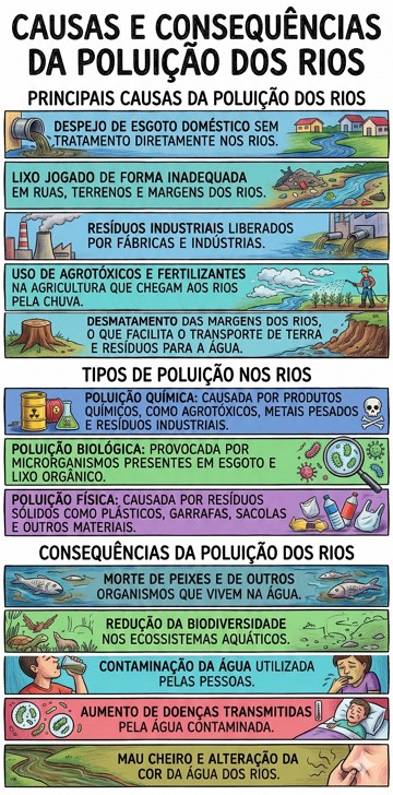 Infogr&aacute;fico sobre as causas, tipos e consequ&ecirc;ncias da polui&ccedil;&atilde;o dos rios.
