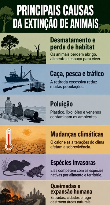 Infogr&aacute;fico sobre as principais causas da extin&ccedil;&atilde;o de animais