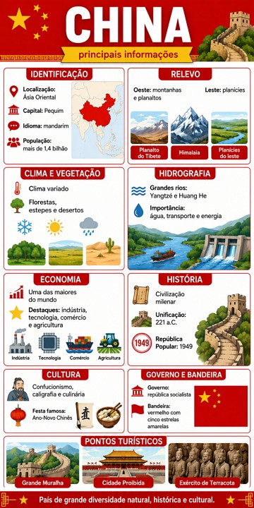 Infogr&aacute;fico com informa&ccedil;&otilde;es hist&oacute;ricas e geogr&aacute;ficas sobre a China