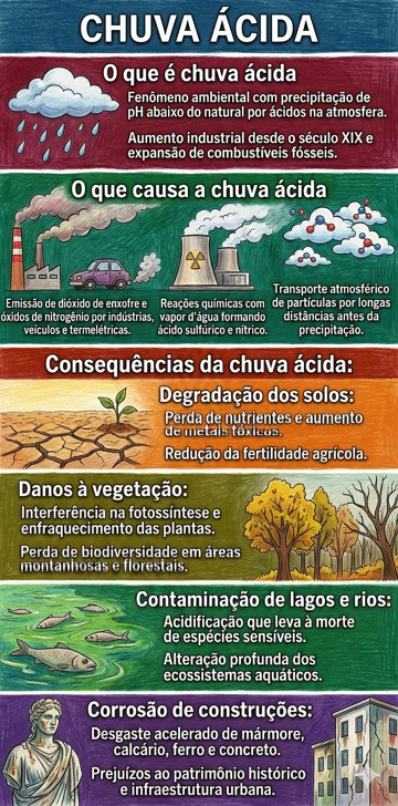 Infogr&aacute;fico com resumo sobre o que &eacute;, causas e consequ&ecirc;nicas da Chuva &Aacute;cida