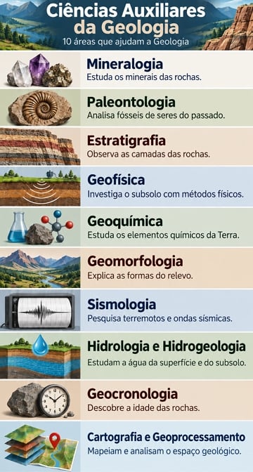 Infográfico sobre as ciências auxiliares da Geologia Infográfico sobre as ciências auxiliares da Geologia