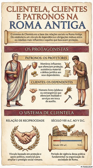 Infogr&aacute;fico explicando a clientela e a rela&ccedil;&atilde;o entre clientes e patronos na sociedade romana antiga
