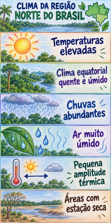 Infogr&aacute;fico com as caracter&iacute;sticas do clima da regi&atilde;o Norte do Brasil