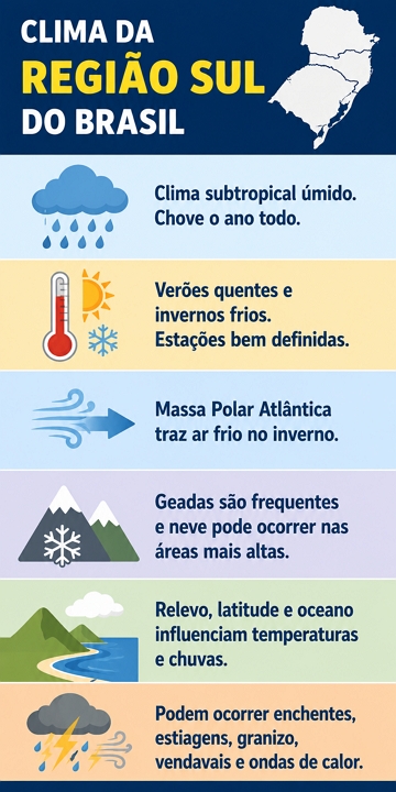 Infogr&aacute;fico sobre as caracter&iacute;sticas clim&aacute;ticas da regi&atilde;o Sul do Brasil