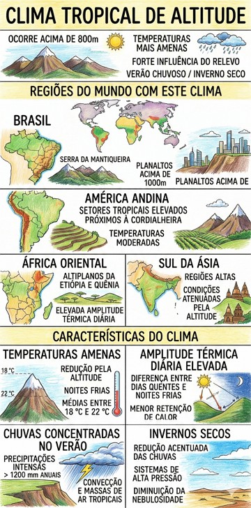 Infogr&aacute;fico com as caracter&iacute;sticas e regi&otilde;es do clima tropical de altitude.